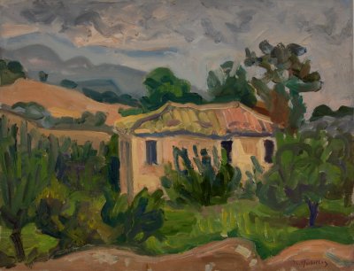 Velina Farmhouse, Trees, Mountains — Oil painting, Canvas, 50.00×65.00cm — Theodoros Markellos